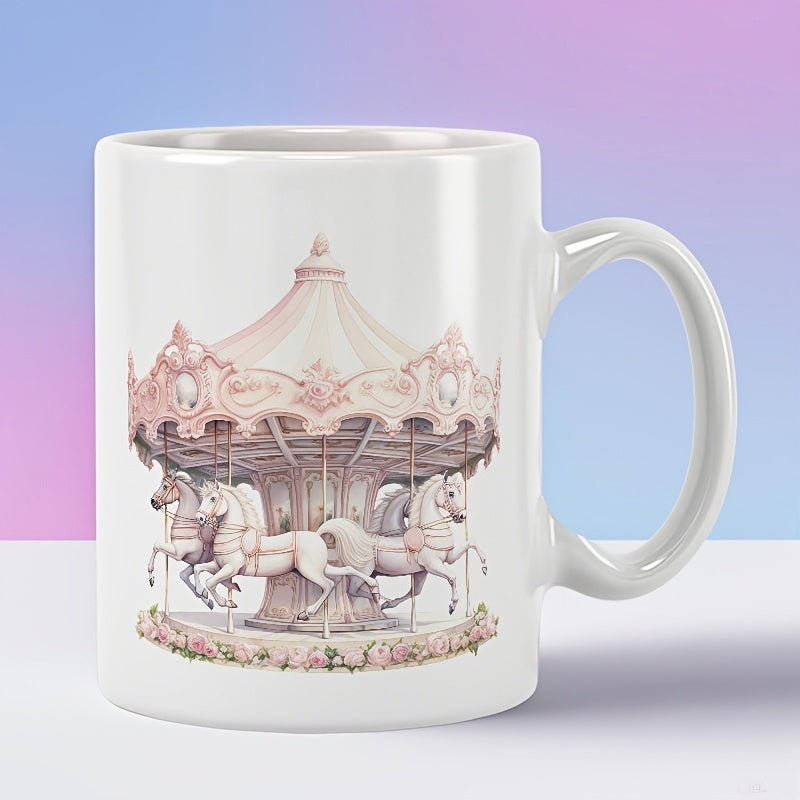 Tailorly White Ceramic 11 oz Mug - Elegant Vintage Pink Theme Featuring Majestic White Horses Beneath Ornate Canopy Carousel