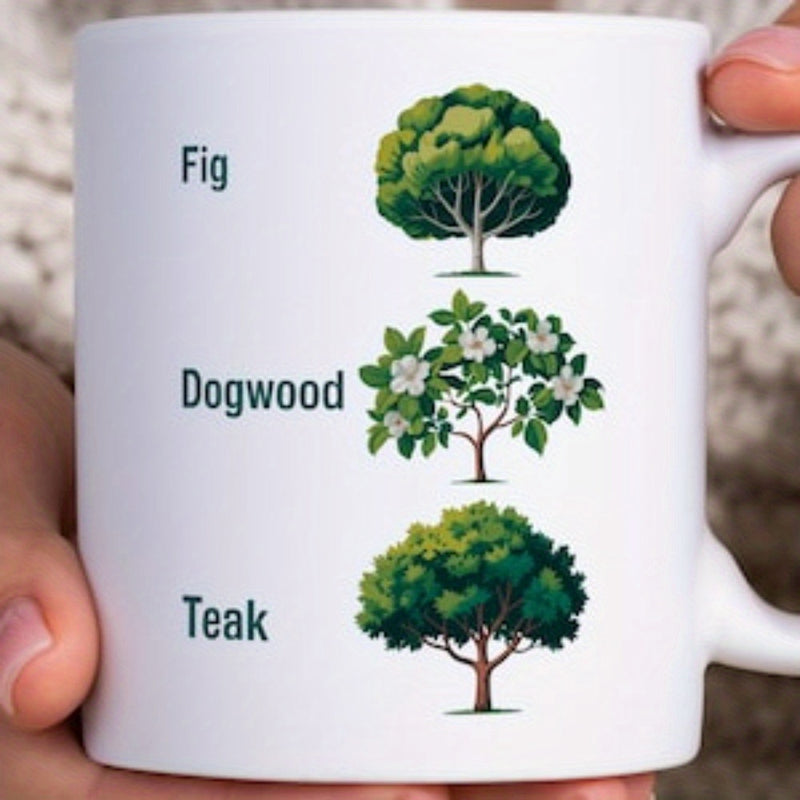 Tailorly White Ceramic 11 oz Mug - Fig Dogwood Teak Lush Green Foliage Botanical Illustrations Representing Nature In Vertical Alignment Trees