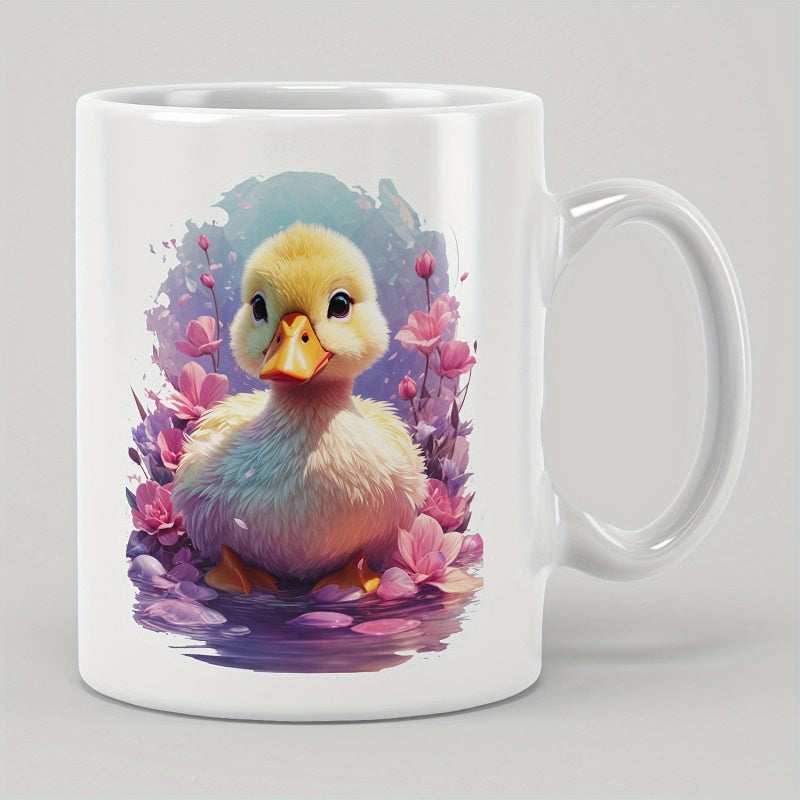 Tailorly White Ceramic 11 oz Mug - Adorable Fluffy Yellow Bird Resting Among Pink Blossoms And Purple Watercolors Duckling