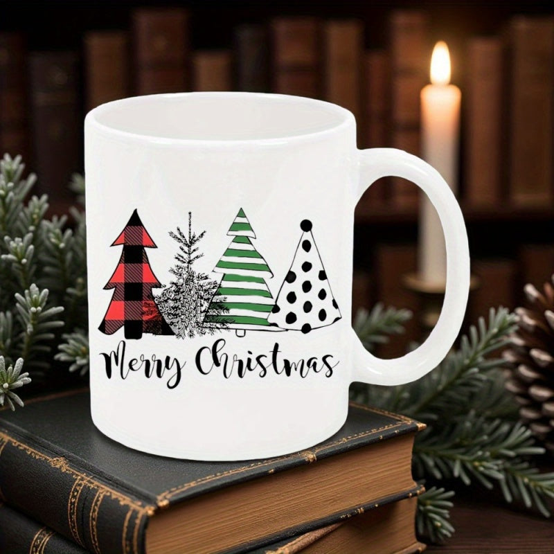 Tailorly White Ceramic 11 oz Mug - Merry Christmas Four Decorative Festive Trees Featuring Plaid And Polka Dot Patterns Tree