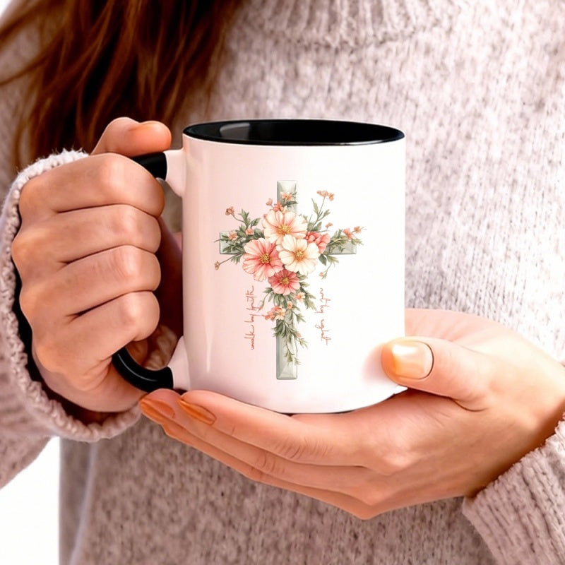 Tailorly Black Accent 11 oz Mug - floral cross with pink and white flowers