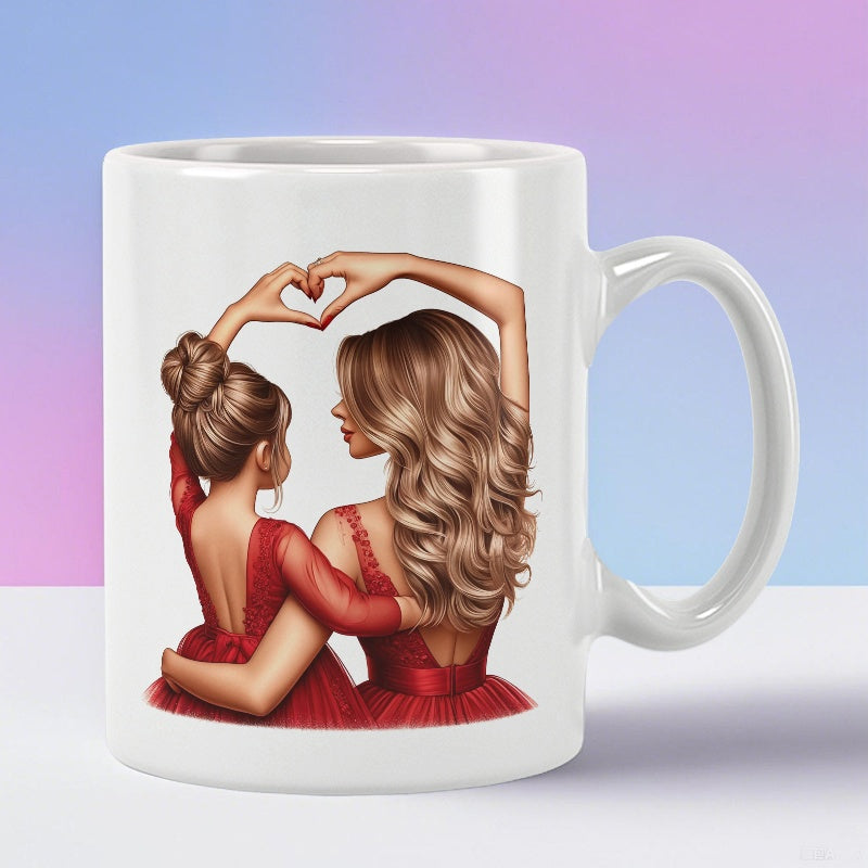 Tailorly White Ceramic 11 oz Mug - Lovely Mother And Daughter Wearing Elegant Red Dresses Together In Loving Mug