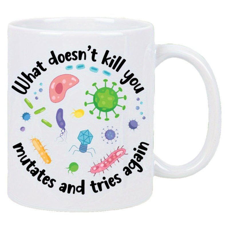 Tailorly White Ceramic 11 oz Mug - What Doesnt Kill You Mutates And Tries Again Diverse Colorful Microorganisms Floating Surrounded By Scientific Text Comic Style