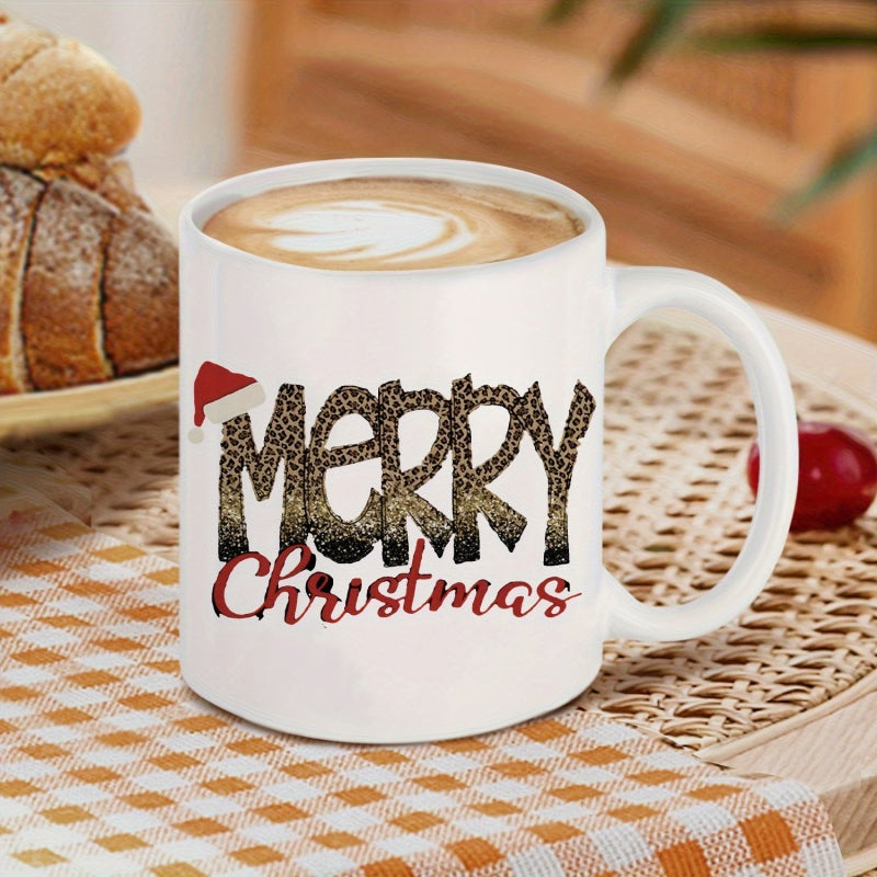 Tailorly White Ceramic 11 oz Mug - Merry Christmas Leopard Print Texture Pattern With Red Santa Hat Festive Holiday Mug