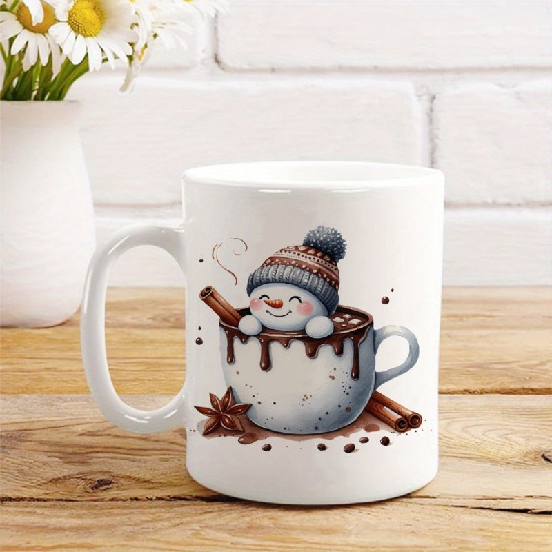 Tailorly White Ceramic 11 oz Mug - Cute Smiling Winter Character Inside Steaming Hot Chocolate Cocoa With Cinnamon Snowman