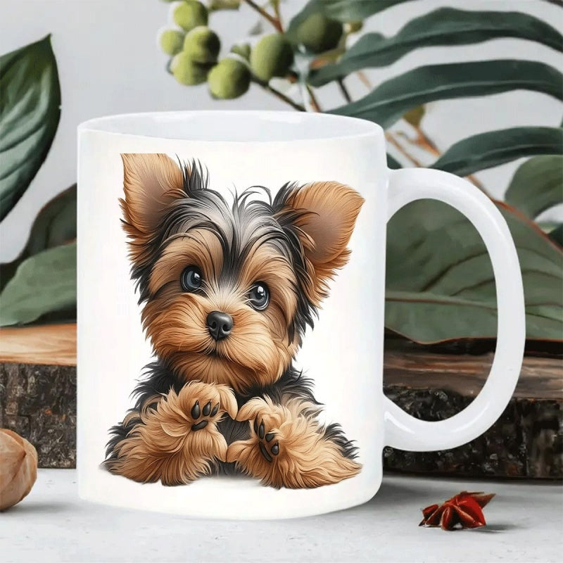 Tailorly White Ceramic 11 oz Mug - Adorable Fluffy Puppy Creating A Heart Shape With Tiny Paws Yorkshire Terrier