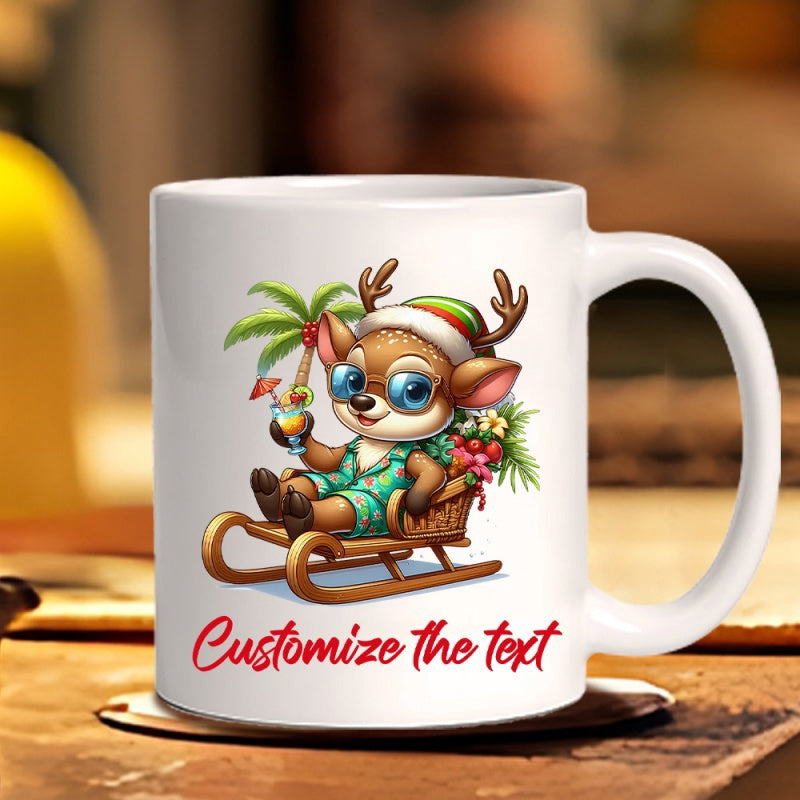 Tailorly White Ceramic 11 oz Mug - Customize The Text Cute Cartoon Character Relaxing On Wooden Sleigh Holding Tropical Refreshment Reindeer
