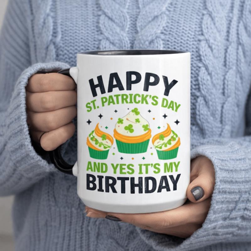 Tailorly Black Accent 11 oz Mug - st patricks day themed design with birthday mention and spooky elements