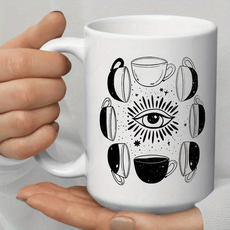 Tailorly White Ceramic 11 oz Mug - Mystical Celestial Eye Surrounded By Coffee Cups In Lunar Phase Arrangement Mug