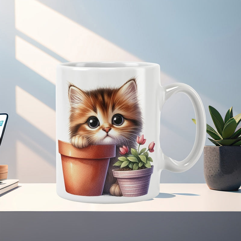 Tailorly White Ceramic 11 oz Mug - Adorable Fluffy Brown Tabby Peeking Over Terracotta Pots With Flowers Kitten