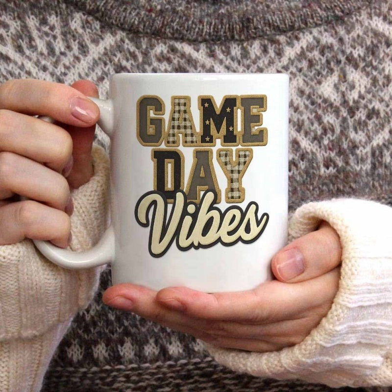 Tailorly White Ceramic 11 oz Mug - Game Day Vibes Featuring Bold Patterned Varsity Letters And Cursive Script Mug