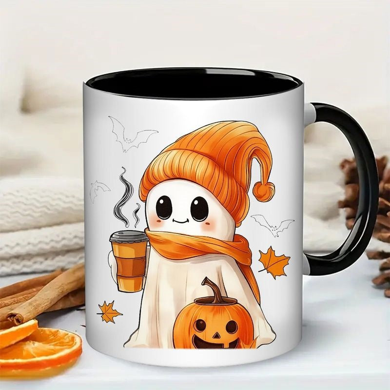 Tailorly Black Accent 11 oz Mug - cute kawaii design with beanie scarf， spooky bats， pumpkins， adorable smiling character holding coffee cup