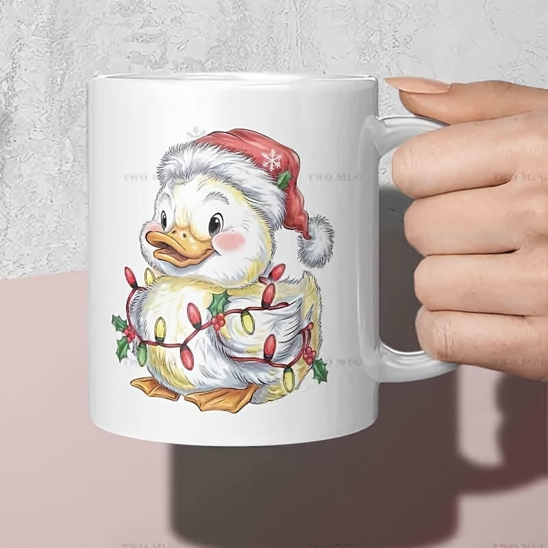 Tailorly White Ceramic 11 oz Mug - Adorable Small White Duckling Wearing Festive Santa Hat With Colorful Holiday Lights Duck