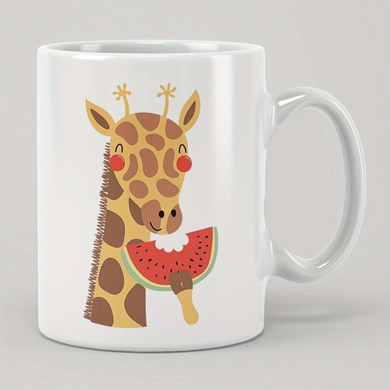Tailorly White Ceramic 11 oz Mug - Cute Cartoon Spotted Animal Eating A Fresh Juicy Slice Of Watermelon Giraffe