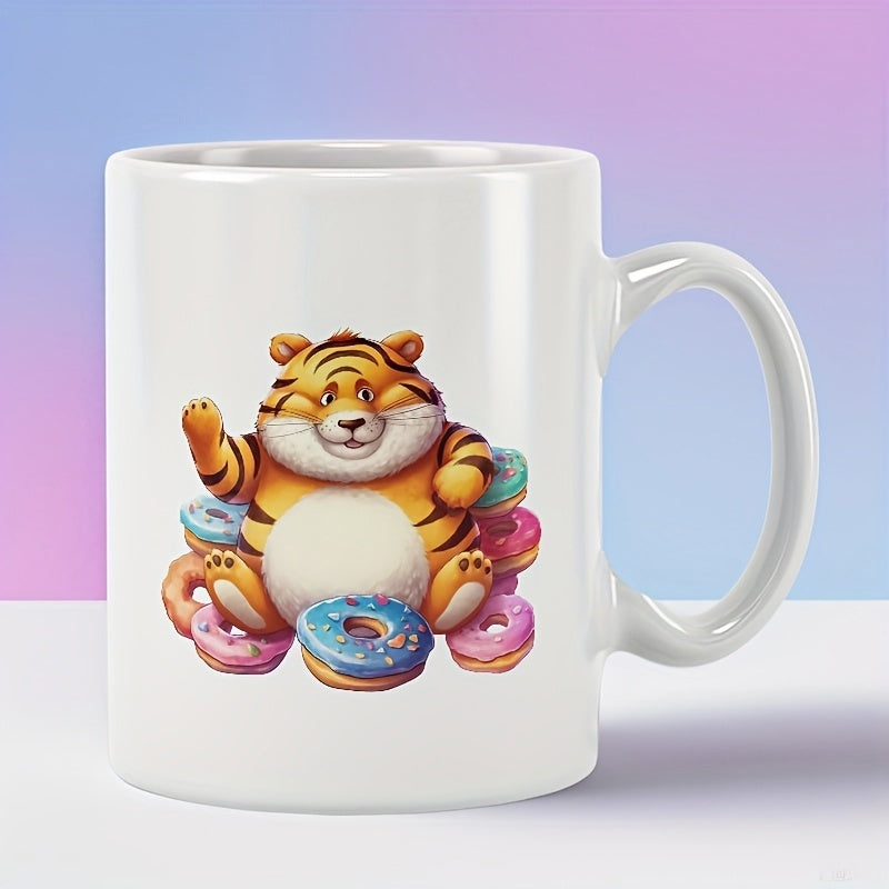 Tailorly White Ceramic 11 oz Mug - Cheerful Chubby Cartoon Tiger Sitting Comfortably Among Colorful Sweet Glazed Donuts Tiger