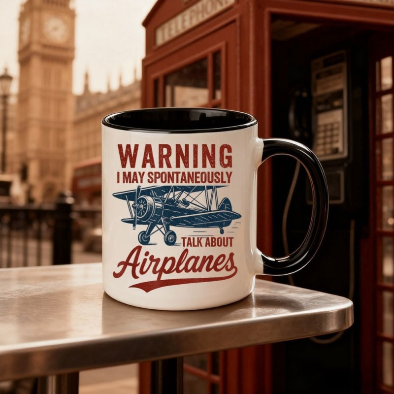 Tailorly Black Accent 11 oz Mug - warning i may spontaneously airplanes vintage illustration