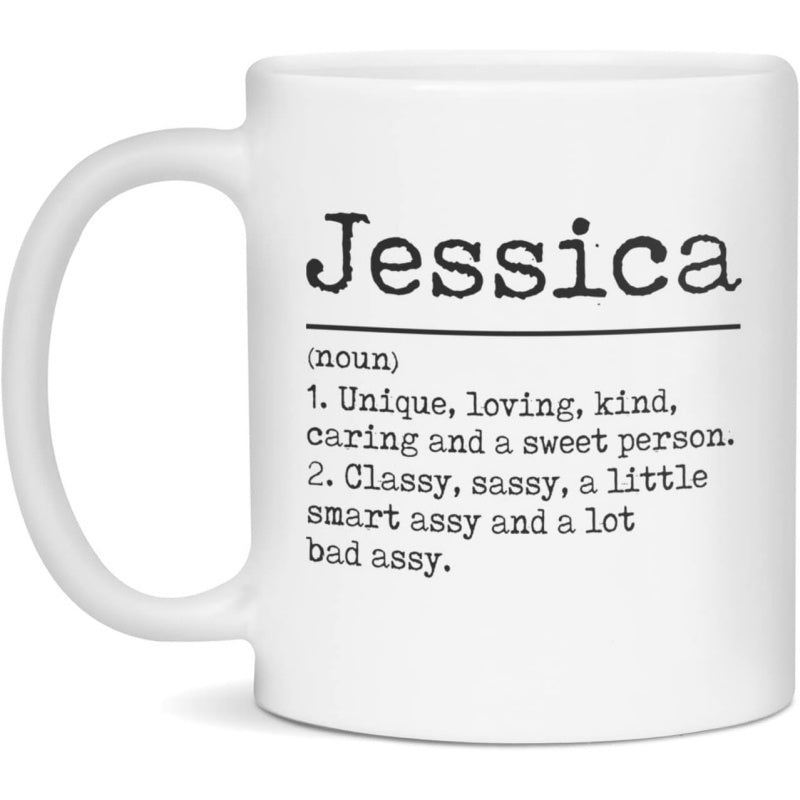 Tailorly White Ceramic 11 oz Mug - Jessica Minimalist Black Typewriter Text Displayed On A Clean Solid Background Definition