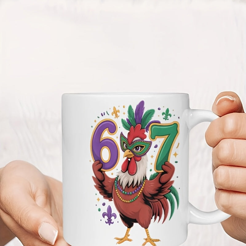 Tailorly White Ceramic 11 oz Mug - Festive Colorful Mardi Gras Themed Character Wearing Mask And Beads Rooster