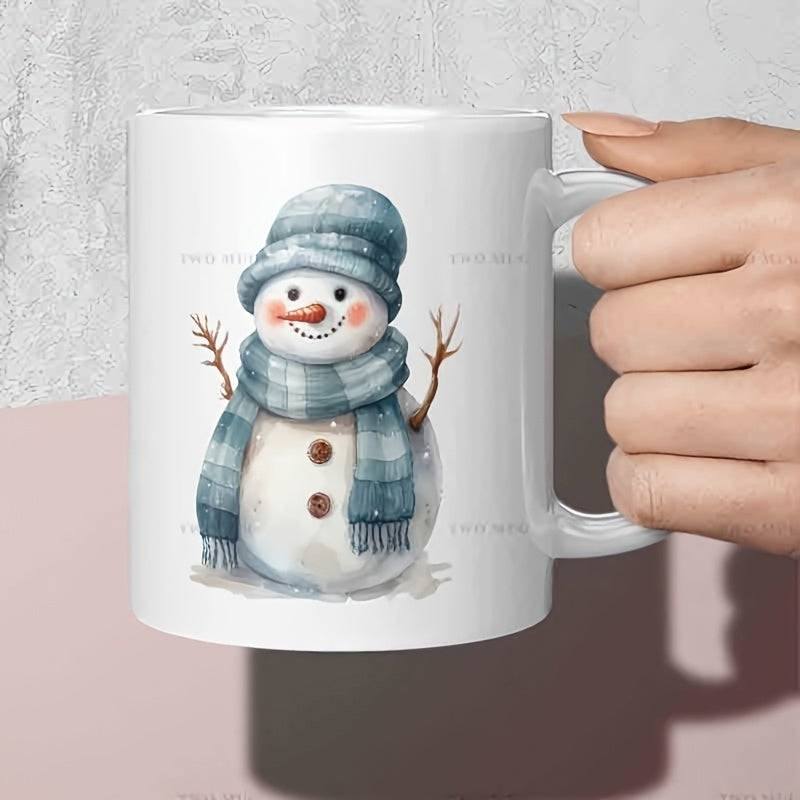 Tailorly White Ceramic 11 oz Mug - Charming Winter Character With Blue Knitted Hat And Checkered Scarf Snowman