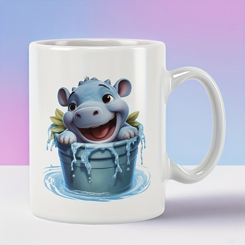 Tailorly White Ceramic 11 oz Mug - Adorable Blue Baby Splashing Inside A Small Water Bucket Hippo