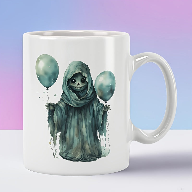 Tailorly White Ceramic 11 oz Mug - Cute Hooded Ghost Character Holding Two Pale Floating Round Balloons Skeleton