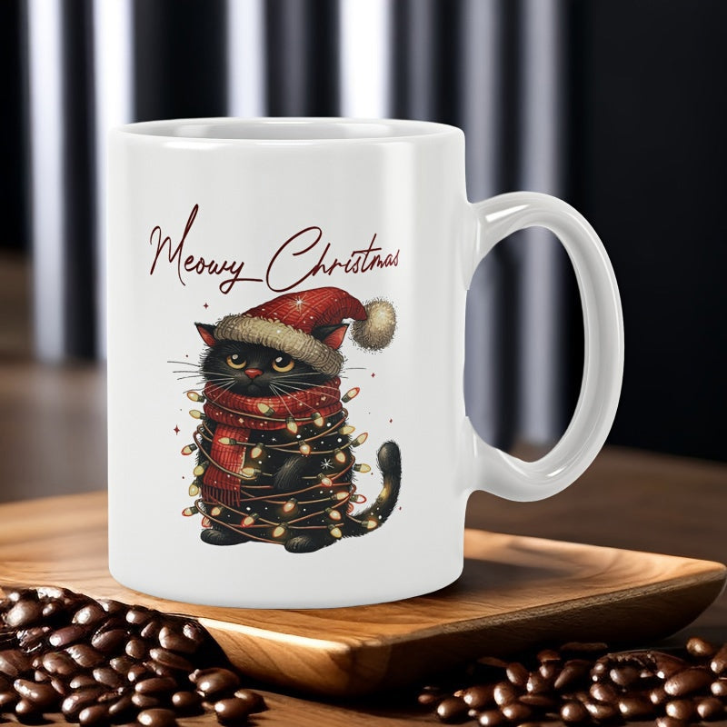 Tailorly White Ceramic 11 oz Mug - Merry Christmas Adorable Black Cat Tangled In Festive Glowing String Lights Wearing Santa Hat Cat