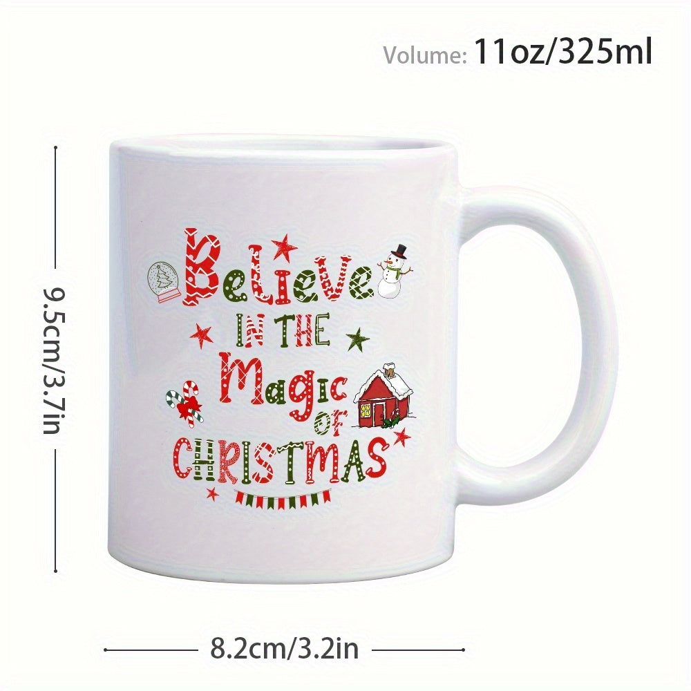 Tailorly White Ceramic 11 oz Mug - Believe In The Magic Of Christmas Festive Ceramic Vessel Featuring Cute Snowman And Snowy Red House Mug
