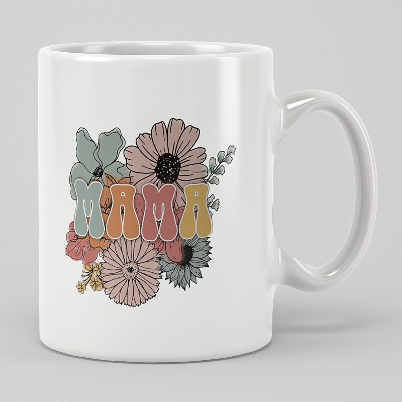 Tailorly White Ceramic 11 oz Mug - Mama Retro Style Muted Color Blossoms Surrounded By Decorative Botanical Flower