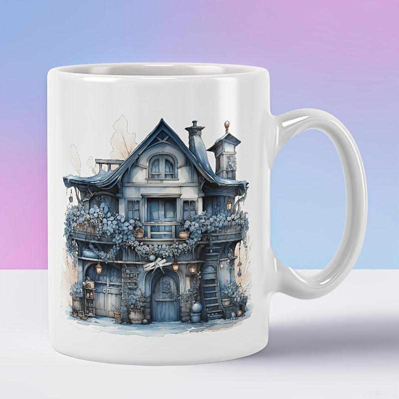 Tailorly White Ceramic 11 oz Mug - Vintage Blue Fantasy Style With Intricate Architectural Details And Climbing Vines House