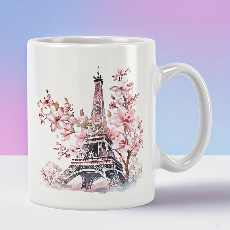 Tailorly White Ceramic 11 oz Mug - Watercolor Artistic Illustration Of Pink Blossoms Surrounding The Historic Eiffel Tower
