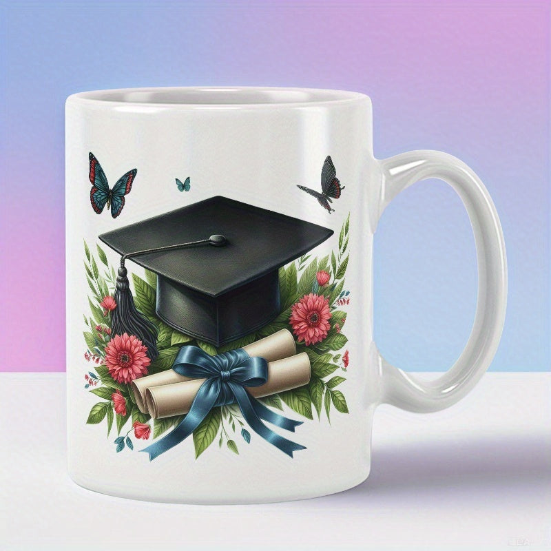 Tailorly White Ceramic 11 oz Mug - Elegant Floral Arrangement With Flying Butterflies And Diploma Scroll Under Graduation Cap