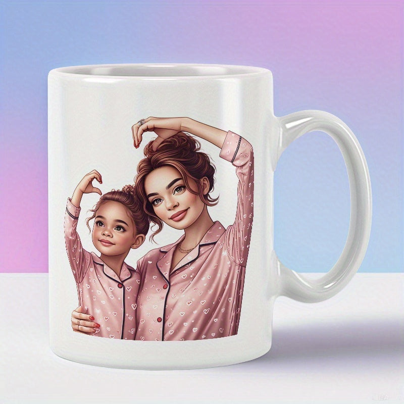 Tailorly White Ceramic 11 oz Mug - Loving Mother And Daughter Wearing Matching Pajamas Sharing A Warm Heart Illustration