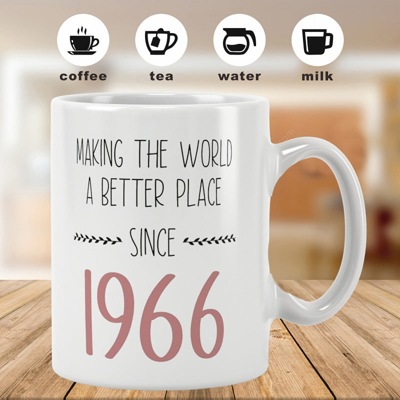 Tailorly White Ceramic 11 oz Mug - Making The World A Better Place Since 1966 Minimalist White Ceramic Vessel With Elegant Hand Drawn Script And Leaf Details Mug