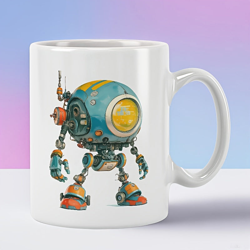 Tailorly White Ceramic 11 oz Mug - Futuristic Mechanical Spherical Droid Standing On Sturdy Metal Legs Cyberpunk Robot