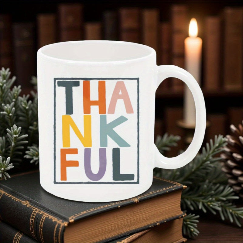 Tailorly White Ceramic 11 oz Mug - Thankful Multi Colored Artistic Modern Block Lettering Inside A Square Typography