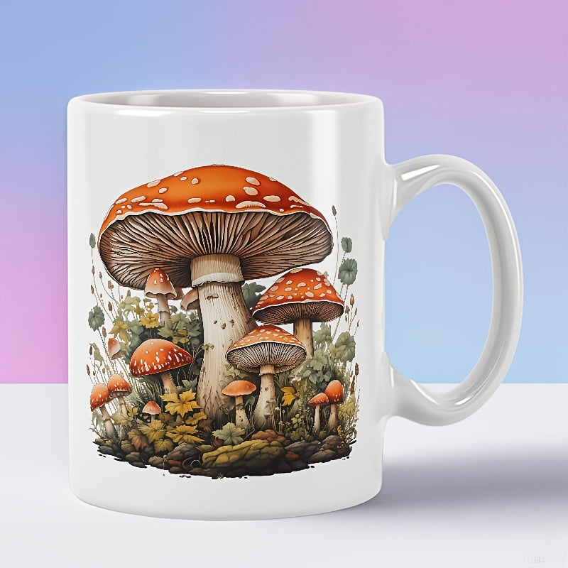 Tailorly White Ceramic 11 oz Mug - Vintage Watercolor Forest Scene With Earthy Red Caps And Mossy Woodland Mushroom