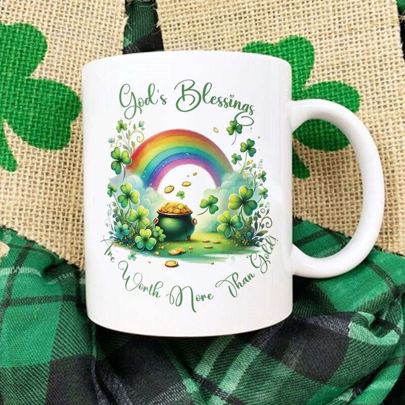 Tailorly White Ceramic 11 oz Mug - Gods Blessings Are Worth More Than Gold Vibrant Rainbow Arching Over A Traditional Pot Of Gold With Clover Pot Of Gold
