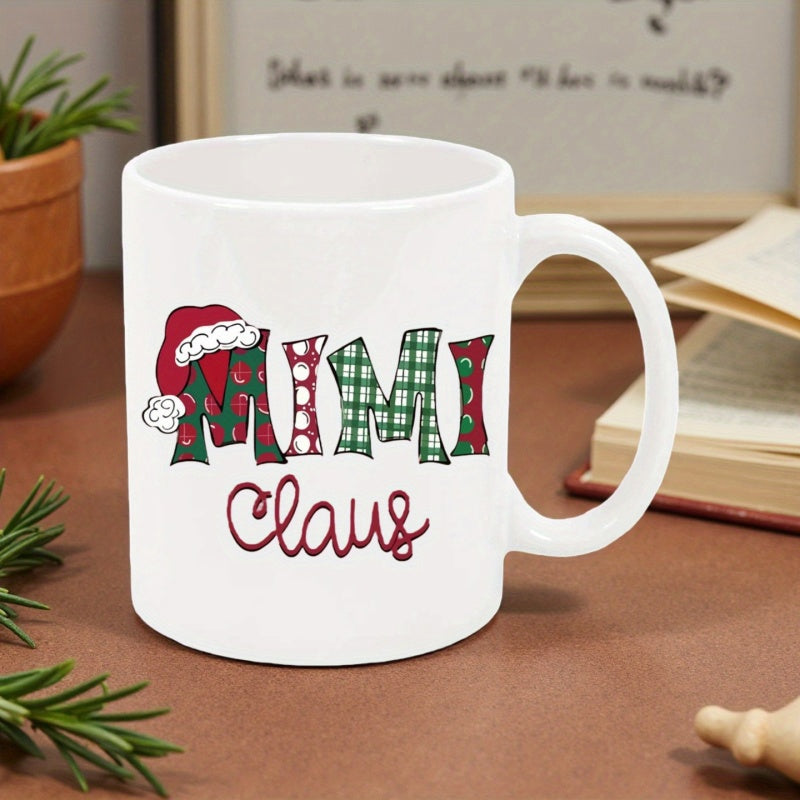 Tailorly White Ceramic 11 oz Mug - Mimi Claus Festive Red And Green Checkered Patterns With Decorative Holiday Themed Santa Hat