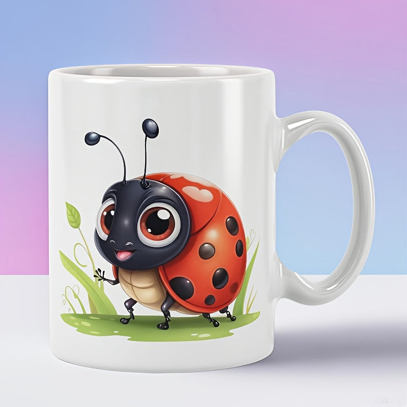 Tailorly White Ceramic 11 oz Mug - Cheerful Ladybug With Large Expressive Eyes Crawling On Green Grass Ladybug