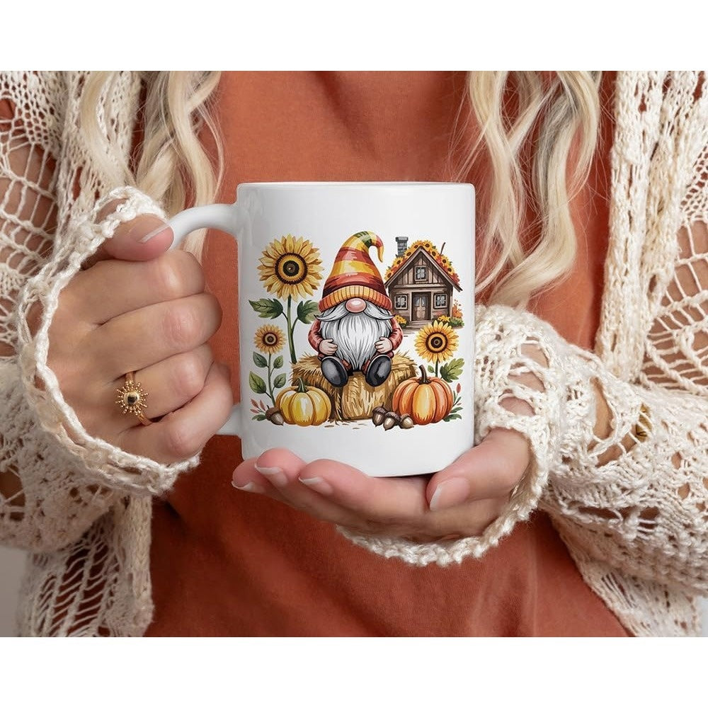 Tailorly White Ceramic 11 oz Mug - Autumnal Scene With Rustic Wooden House And Sunflowers Around A Harvest Pumpkin Gnome