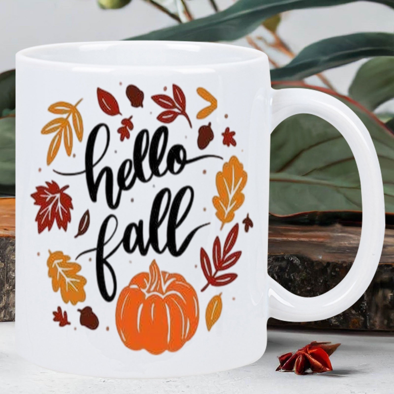 Tailorly White Ceramic 11 oz Mug - Hello Fall Autumn Leaves And Ripe Orange Pumpkin Scattering Around Season Greeting Mug