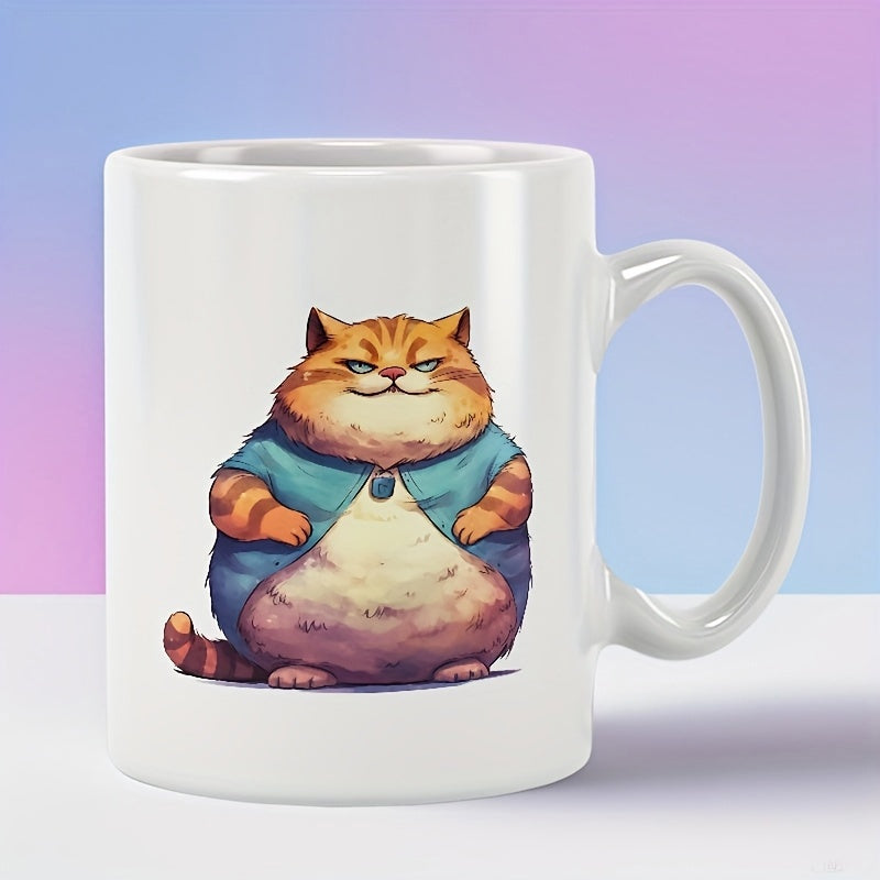 Tailorly White Ceramic 11 oz Mug - Chubby Ginger Feline Wearing Blue Vest Sitting In Calm Pose Cat