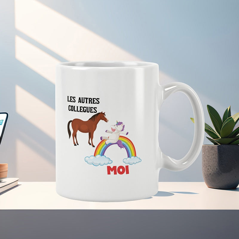 Tailorly White Ceramic 11 oz Mug - Majestic Brown Horse Beside Whimsical Colorful Rainbow With Magical Unicorn