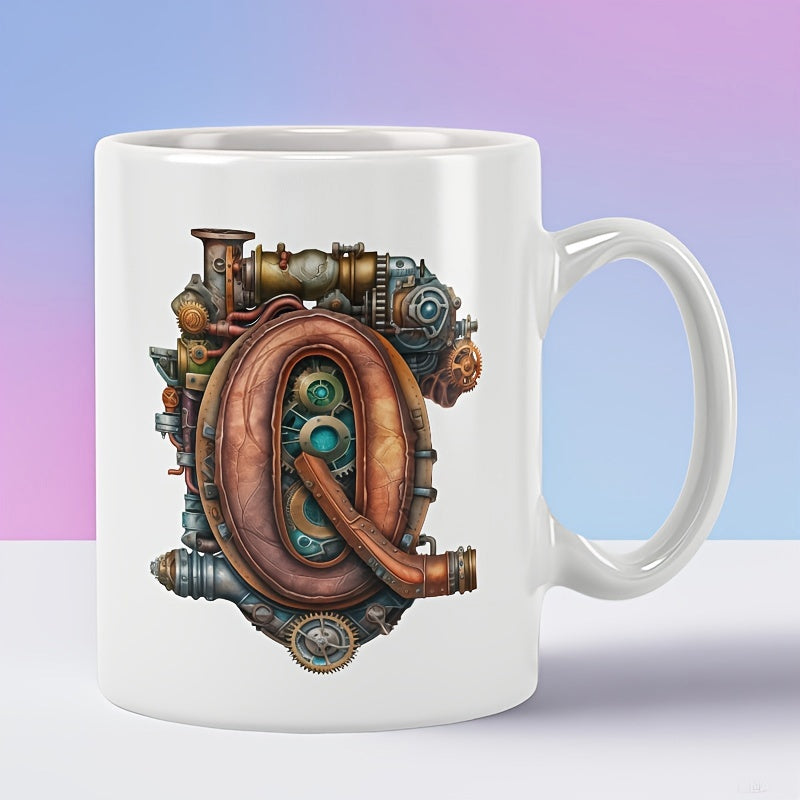 Tailorly White Ceramic 11 oz Mug - Industrial Steampunk Metal Pipes And Gears Forming An Intricate Letter Q