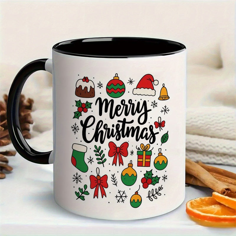 Tailorly Black Accent 11 oz Mug - christmas motif with decorations like ornaments presents