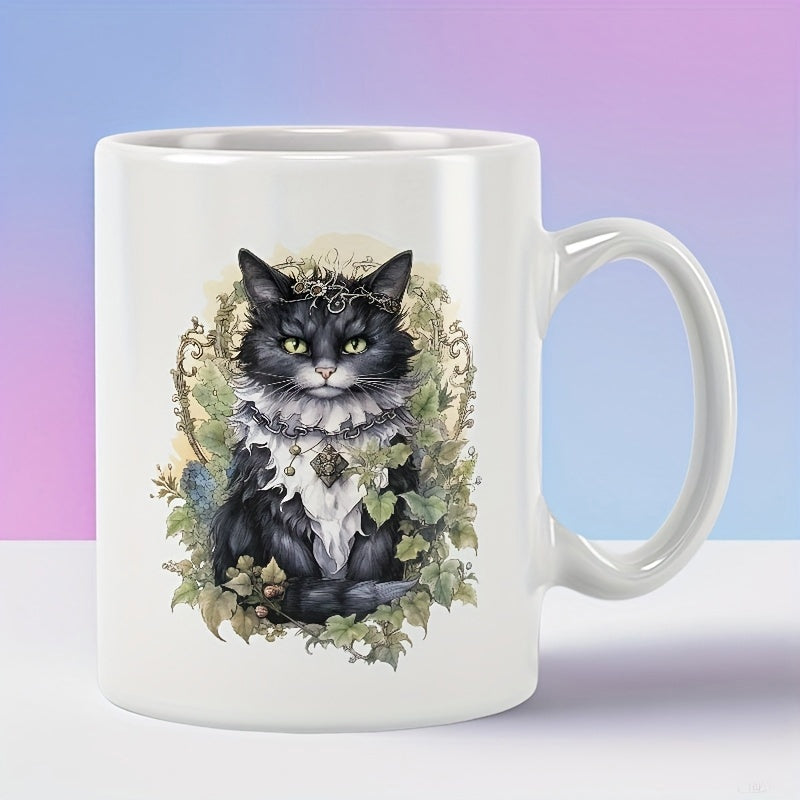 Tailorly White Ceramic 11 oz Mug - Majestic Black And White Longhaired Feline Sitting Within Green Lush Ivy Leaves Cat