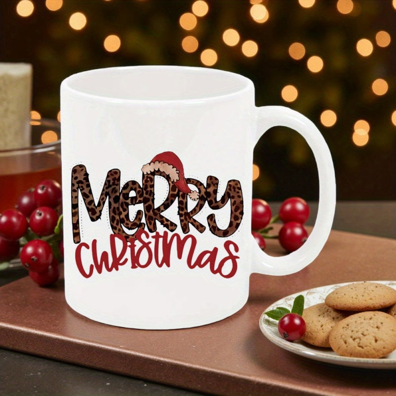 Tailorly White Ceramic 11 oz Mug - Merry Christmas Festive Leopard Print Text With A Red Santa Hat On