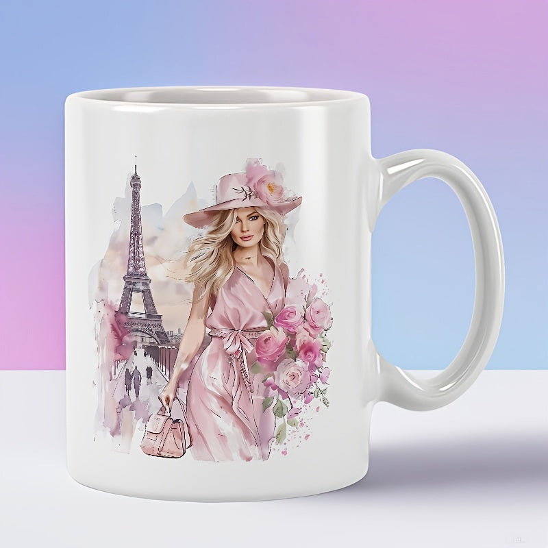 Tailorly White Ceramic 11 oz Mug - Elegant Fashionable Lady Wearing Pink Dress Standing Beside Eiffel Tower Woman