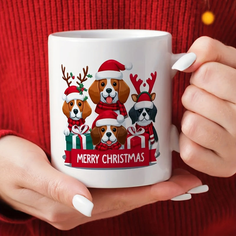 Tailorly White Ceramic 11 oz Mug - Merry Christmas Festive Cartoon Beagles Wearing Red Santa Hats And Antlers Among Gifts Dogs