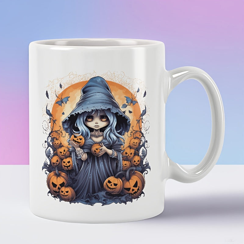 Tailorly White Ceramic 11 oz Mug - Adorable Little Girl Wearing Pointed Hat Among Spooky Halloween Pumpkins Witch
